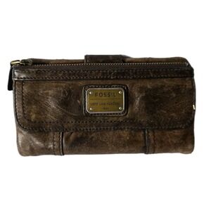 Fossil Leather Wallet Long Live Vintage 1954 Organizer Clutch Dark Brown Bi-fold